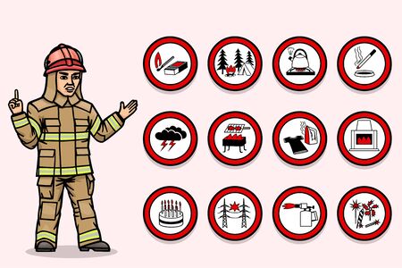 The fireman warns about cases of fires.のイラスト素材