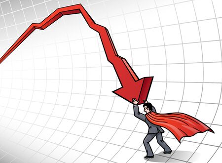 A superhero businessman is struggling with an economic crisis.のイラスト素材