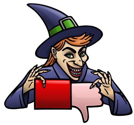 Cartoon witch insidiously gives your dislike sign.のイラスト素材