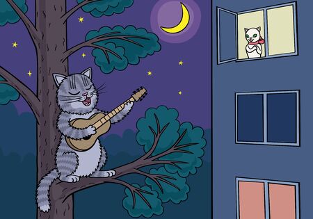 Cat guitarist performs his show under the moon.のイラスト素材