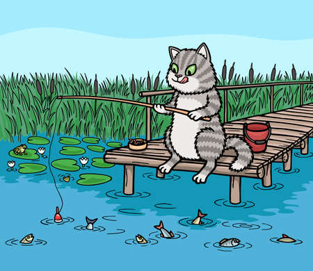 Cat fishing on the pier. He holds the rod and looks at the float.のイラスト素材