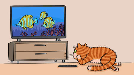 Cat watching a movie about the underwater world lying in front of the TV.のイラスト素材