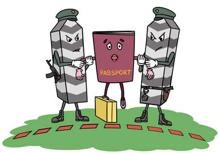 Two cartoon border post officers held up an immigrant passport.のイラスト素材