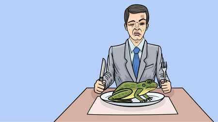 A businessman eats a toad. A business metaphor for self-motivation.のイラスト素材