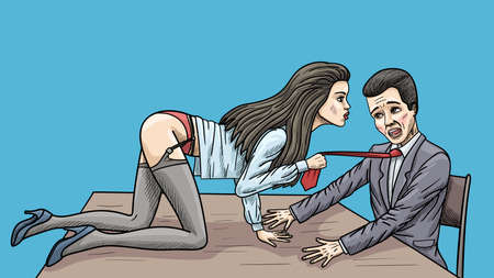 A young girl is trying to seduce her male colleague at the workplace.のイラスト素材