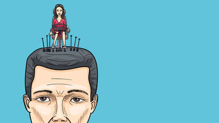 The thoughts and actions of a man are controlled by a woman. A cartoon about the relationship between the sexes.のイラスト素材