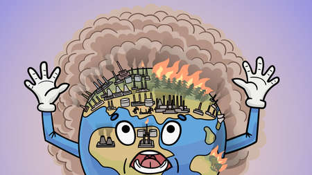 Human industrial activity is ruining the planet Earth. Cartoon drawing.のイラスト素材