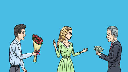 A young woman chooses a rich suitor with money and rejects a romantic man with flowers.のイラスト素材
