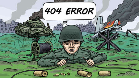 After the battle, the connection was interrupted. The soldier examined the communication cable and found a break.のイラスト素材