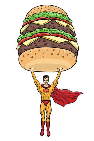 The biggest hamburger can only be lifted by a super person.のイラスト素材
