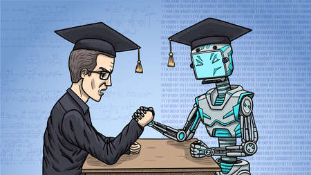 Scientist versus artificial intelligence. Intellectual armwrestling of a human against a robot.のイラスト素材