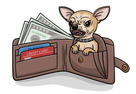 Chihuahua guards money and credit cards in the wallet.のイラスト素材