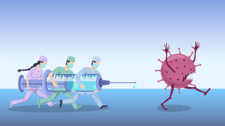 Doctors are running for the virus. They are holding a large syringe with a vaccine in their hands.のイラスト素材