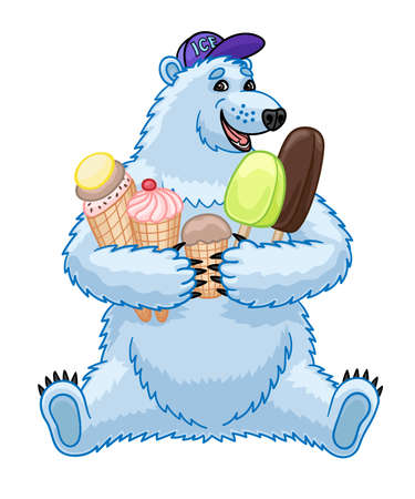 A cheerful polar bear offers a choice of ice cream cones.のイラスト素材