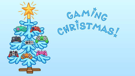 A gamer Christmas tree. Decorated with different models of joysticks.のイラスト素材