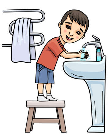The boy washes his hands with pleasure, because hygiene is the key to health.のイラスト素材
