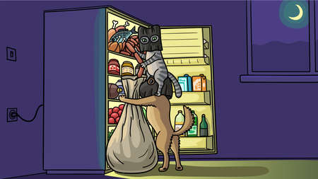 The cat and the dog put on black masks, entered the kitchen on a dark night, opened the refrigerator and began to rob food.のイラスト素材