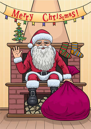 Christmas has come. Santa Claus appeared from the fireplace with a bag of gifts.のイラスト素材