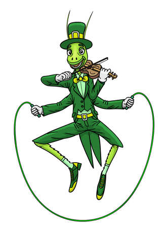 A musical grasshopper in a classic suit trains in jumping rope.のイラスト素材