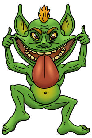 The green troll teases and shows his tongue. The cartoon depicts a rude user.のイラスト素材