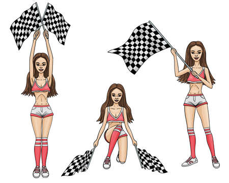 Isolated images of a cartoon girl. She starts the race and marks the finish.のイラスト素材
