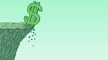The dollar symbol is swinging on the edge of the abyss and will soon fall down.のイラスト素材
