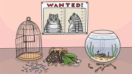 The cat ate a parrot and fish and broke a pot with a flower.のイラスト素材