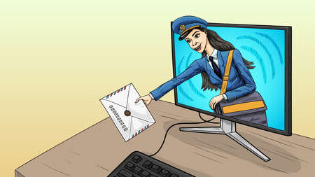 Cartoon email in the form of a female postal worker character.