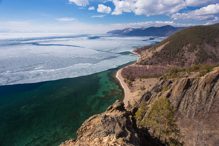 Top view on the coast of Lake Baikal. Rocks and beach.の写真素材
