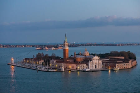 Venetian lagoon with ships and San Giorgio Maggiore aerial viewの写真素材
