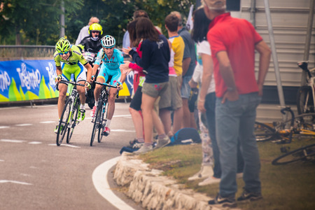 Fondo, Italy - June 28, 2014: David Formolo from Cannondale team during the last few meters \ &#39;s arrival of the 23 Trofeo Melinda Memorial Marco Brentari valid as the only evidence of the Italian Championship.のeditorial素材