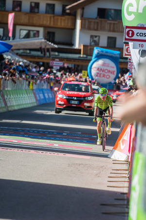 Corvara, Italy May 21, 2016; Rigoberto Uran, professional cyclist, pass the finish line of the Queen Stage of the Tour of Italy in 2016 with arrival in Corvara.のeditorial素材