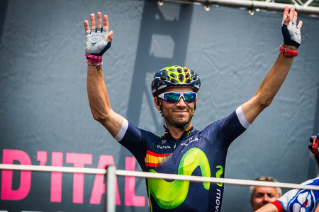 Pinerolo, Italy May 27, 2016; Alejandro Valverde, Movistar Team, to the podium signatures before the start of the hard mountain stages from Pinerolo to Risoul in the Tour of Italy in 2016.のeditorial素材