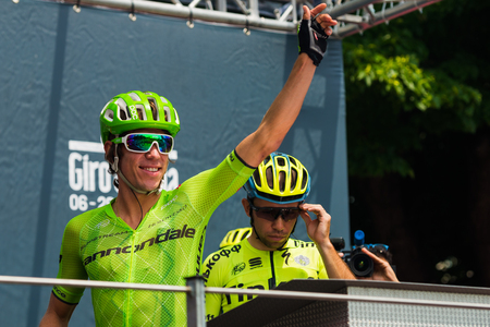 Pinerolo, Italy May 27, 2016; Rigoberto Uran, Cannondale Team, to the podium signatures before the start of the hard mountain stages from Pinerolo to Risoul in the Tour of Italy in 2016.のeditorial素材