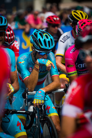 Pinerolo, Italy May 27, 2016; Vincenzo Nibali, Team Astana, concentrated in the group before the start of the hard mountain stages from Pinerolo to Risoul in the Tour of Italy 2016のeditorial素材