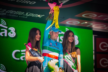 Risoul, France May 27, 2016; Vincenzo Nibali, Astana team on the podium after winning a hard mountain stage with a uphill finish in Risoul, France.のeditorial素材