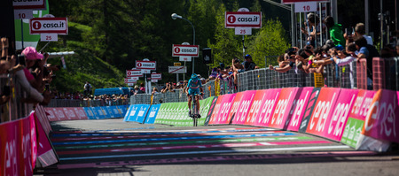 Risoul, France May 27, 2016; Vincenzo Nibali, Team Astana, exhausted passes the finish line and win after a hard mountain stage with a uphill finish in Risoul, France.のeditorial素材