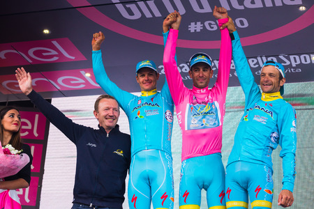 Sant Anna, Italy May 28, 2016; Some Riders of Astana team on the podium after winning the award for best team in the Tour of Italy 2016のeditorial素材