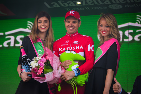 Sant Anna, Italy May 28, 2016; Rein Taaramäe, Katusha team on the podium after winning a hard mountain stage with a uphill finish in Sant Anna di Vinadio.のeditorial素材