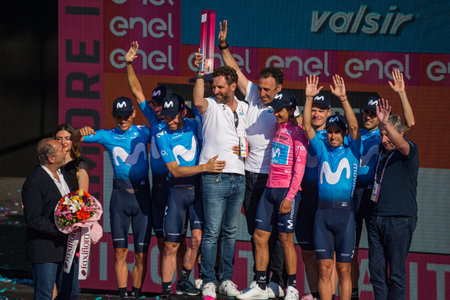 Verona, Italy June 2, 2019: All the Movistar Team celebrates on the stage of the Arena of Verona the victory of the Tour of Italy after 21 days of tough competition.のeditorial素材