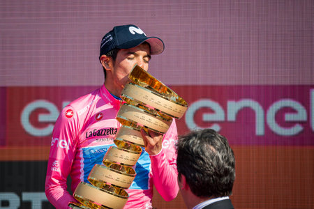Verona, Italy June 2, 2019: Richard Carapaz, Movistar Team, in pink jersey celebrates on the stage of the Arena of Verona the victory of the Tour of Italy after 21 days of tough competition.のeditorial素材