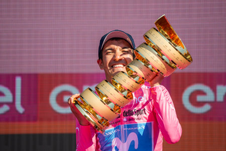 Verona, Italy June 2, 2019: Richard Carapaz, Movistar Team, in pink jersey celebrates on the stage of the Arena of Verona the victory of the Tour of Italy after 21 days of tough competition.のeditorial素材