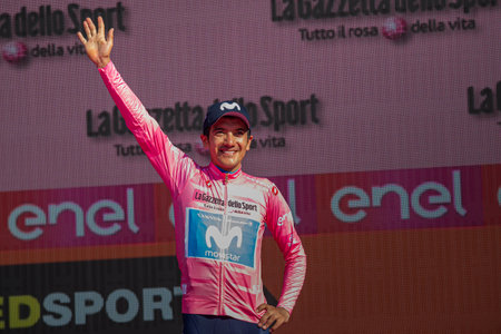 Verona, Italy June 2, 2019: Richard Carapaz, Movistar Team, in pink jersey celebrates on the stage of the Arena of Verona the victory of the Tour of Italy after 21 days of tough competition.のeditorial素材