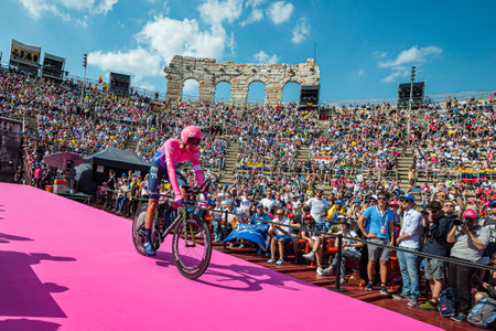 Verona, Italy June 2, 2019: CARTHY Hugh, EF EDUCATION FIRST Team, enters the Arena di Verona between 2 wings of the crowd that incites him and finish the Giro d'Italia 2019.のeditorial素材