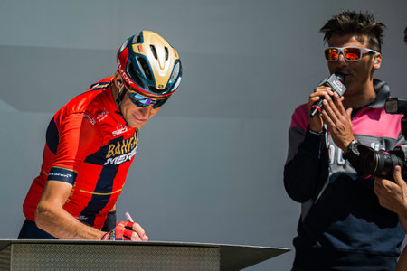 Valdaora, Italy May 30, 2019: The whole Bahrain Merida team on the podium signatures just before a hard mountain stage of the Giro D'Italia 2019.のeditorial素材