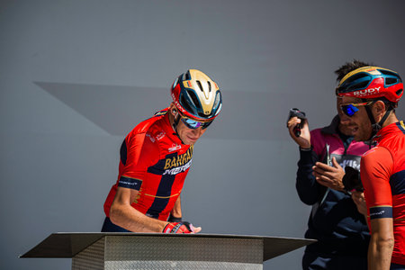 Valdaora, Italy May 30, 2019: The whole Bahrain Merida team on the podium signatures just before a hard mountain stage of the Giro D'Italia 2019.のeditorial素材