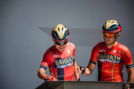 Valdaora, Italy May 30, 2019: The whole Bahrain Merida team on the podium signatures just before a hard mountain stage of the Giro D'Italia 2019.のeditorial素材