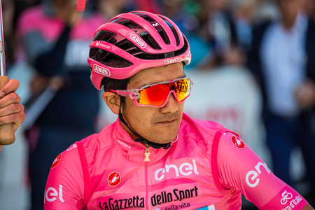 Valdaora, Italy May 30, 2019: Carapaz, in pink jersey, on the front line just before the start of a hard mountain stage of the Giro D'Italia 2019.のeditorial素材