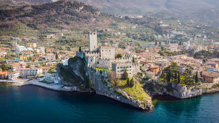 Incredible aerial view of the Medieval Castle of Malcesine on the shores of Lake Garda.のeditorial素材