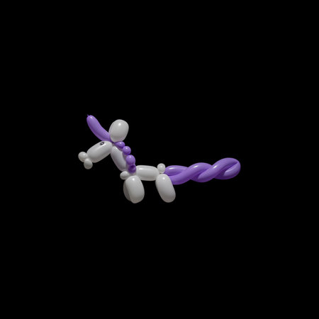 A cute white unicorn balloon animal with a purple mane, tail and horn like a clown or entertainer might make at a birthday party or event using balloon twisting with latex balloons.の写真素材